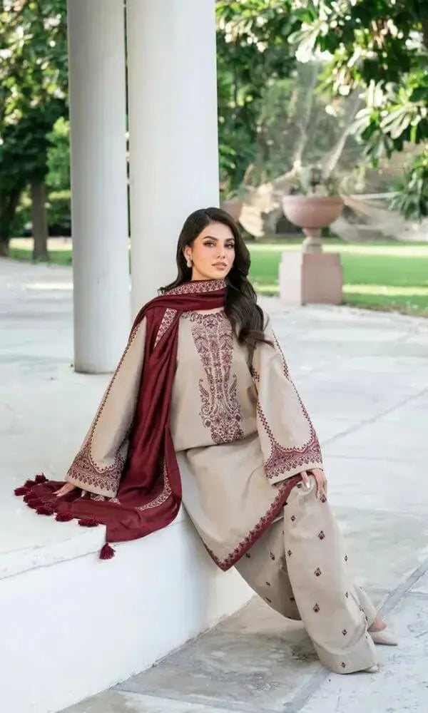 3 Piece Unstitched Embroidered Dhanak Suit with Printed Wool Shawl