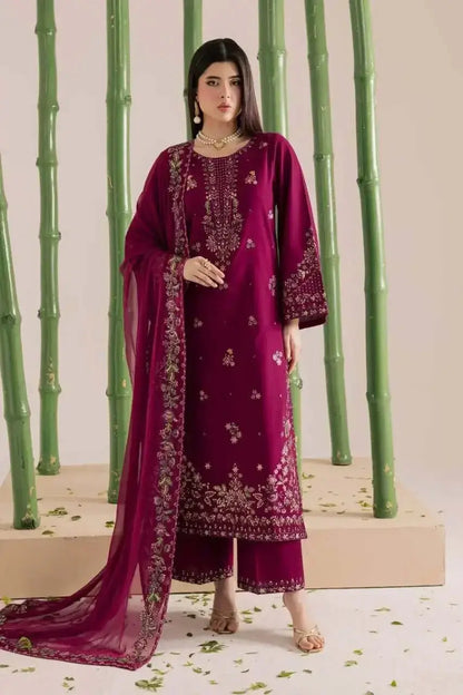 3 Piece Unstitched Heavy Embroidered Dhanak Suit with Embroidered Dhanak Shawl