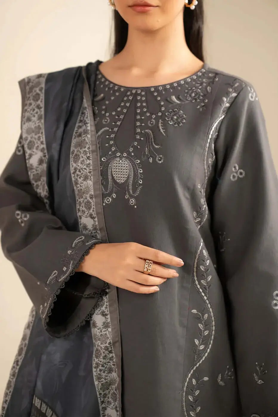 3 Piece Unstitched Embroidered Dhanak Suit with Printed Wool Shawl
