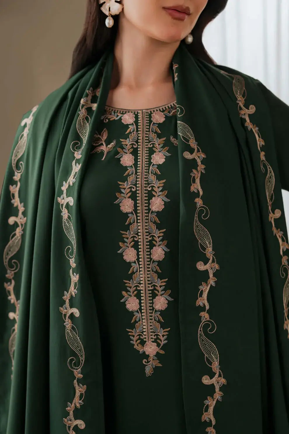 3 Piece Unstitched Embroidered Dhanak Suit with Embroidered Dhanak Shawl