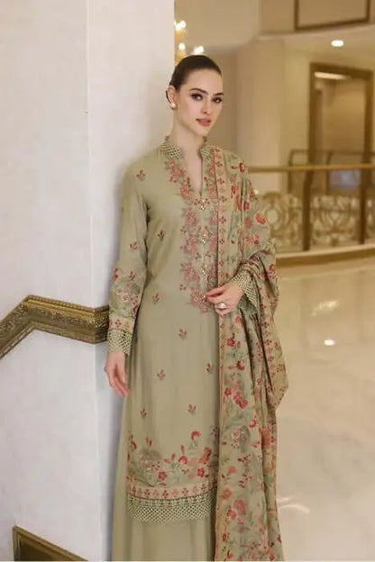 3 Piece Unstitched Heavy Embroidered Dhanak Suit with Embroidered Dhanak Shawl