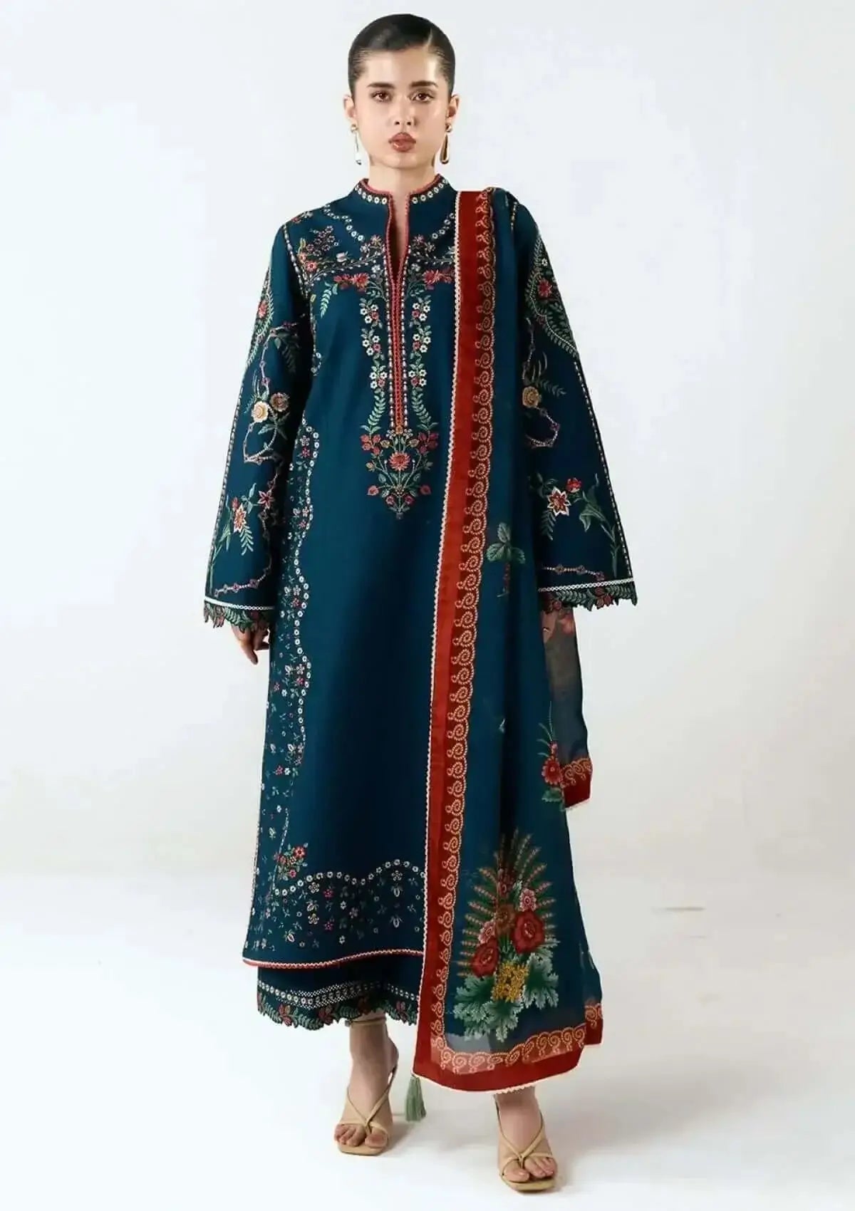 3 Piece Unstitched Heavy Embroidered Dhanak Suit with Printed Wool Shawl