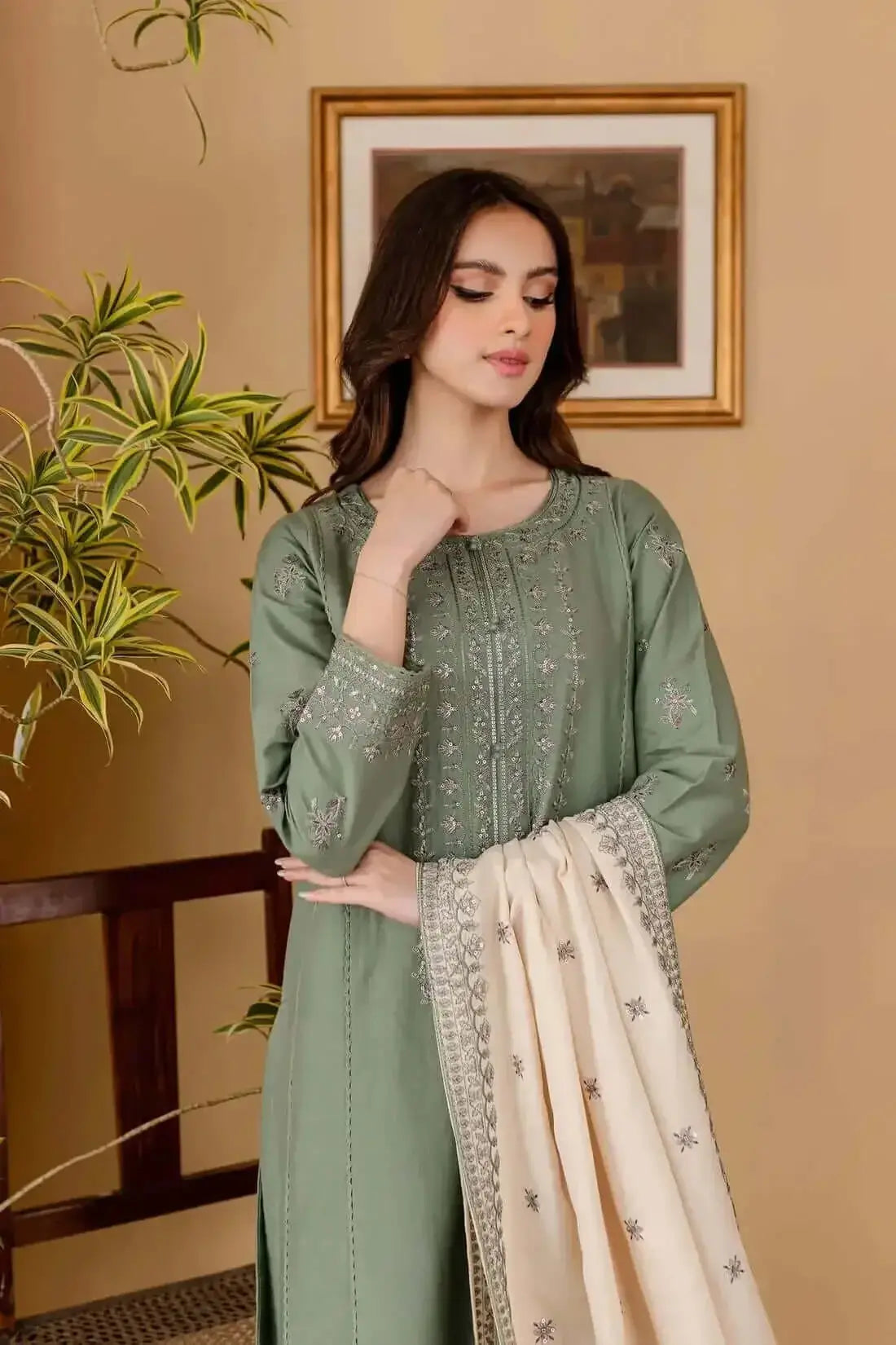 3 Piece Unstitched Embroidered Dhanak Suit with Embroidered Dhanak Shawl