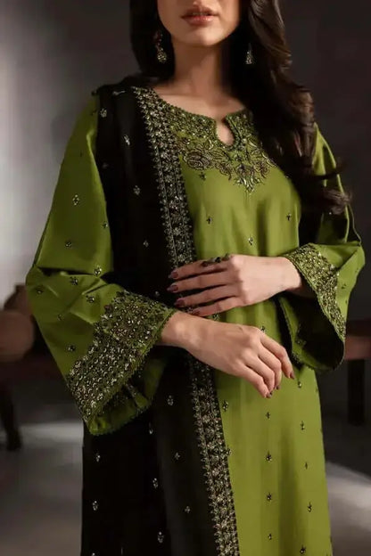 3 Piece Unstitched Heavy Sequenced Embroidered Dhanak Suit with Sequenced Embroidered Dhanak Shawl