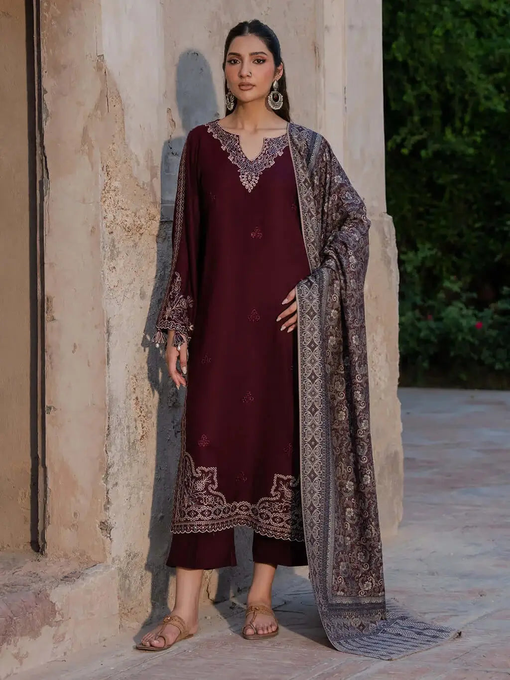 3 Piece Unstitched Embroidered Dhanak Suit with Printed Wool Shawl