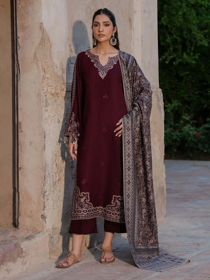 3 Piece Unstitched Embroidered Dhanak Suit with Printed Wool Shawl