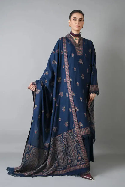3 Piece Unstitched Heavy Embroidered Dhanak Suit with Embroidered Dhanak Shawl