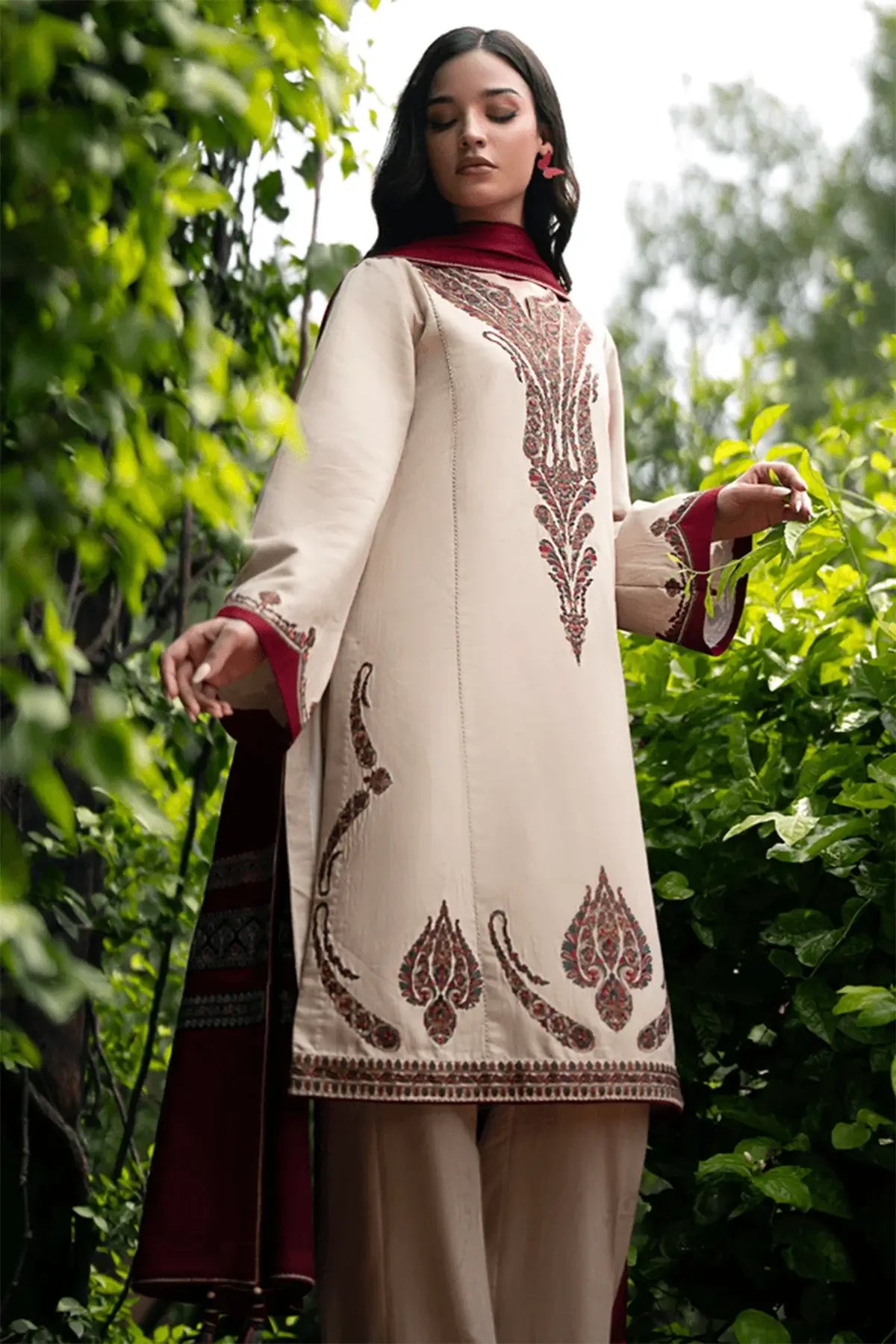 3 Piece Unstitched Heavy Embroidered Dhanak Suit with Printed Wool Shawl