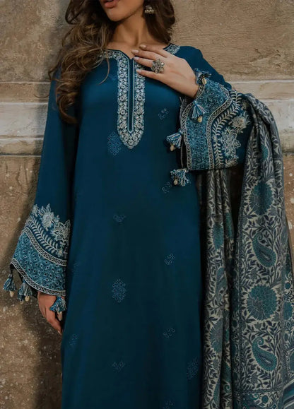 3 Piece Unstitched Embroidered Dhanak Suit with Printed Wool Shawl