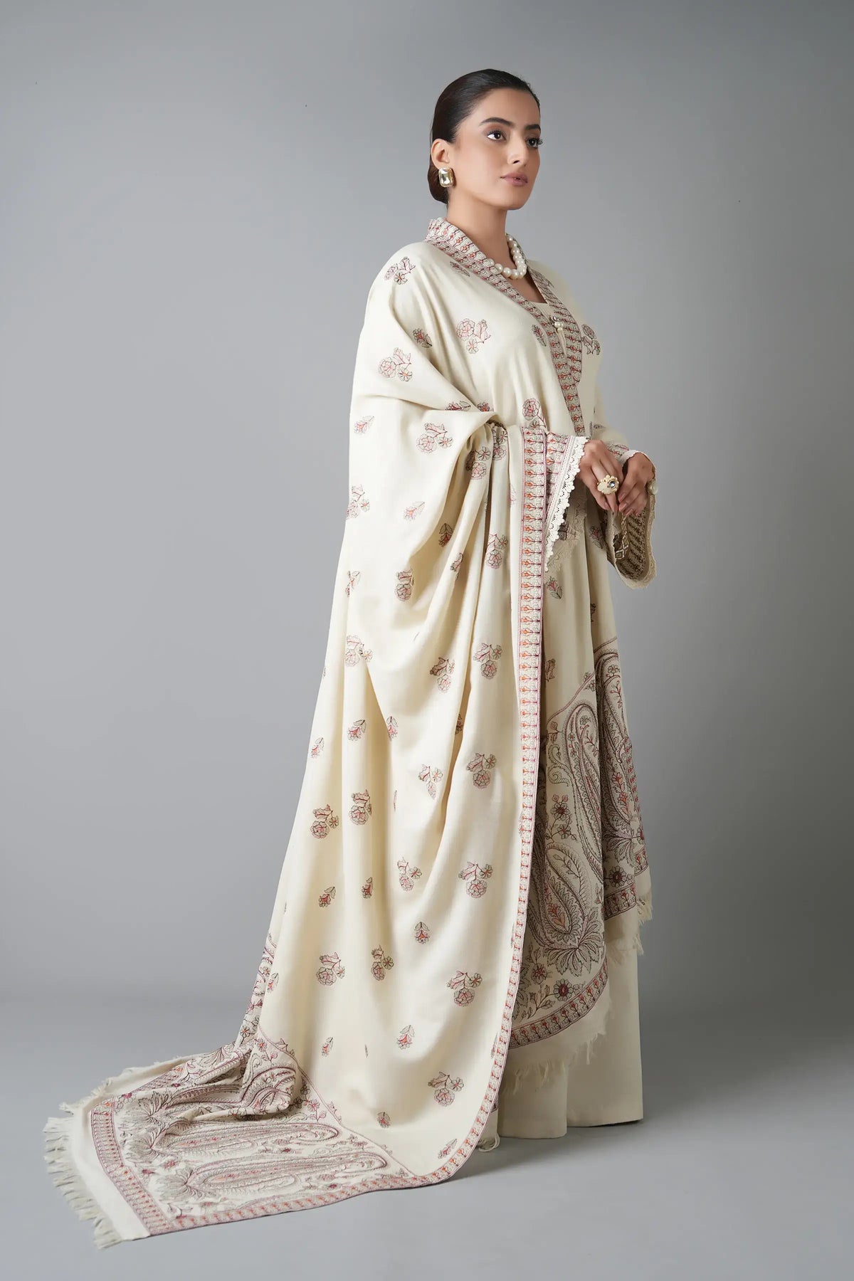 3 Piece Unstitched Heavy Embroidered Dhanak Suit with Embroidered Dhanak Shawl