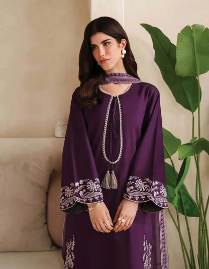 3 Piece Unstitched Embroidered Dhanak Suit with Printed Wool Shawl