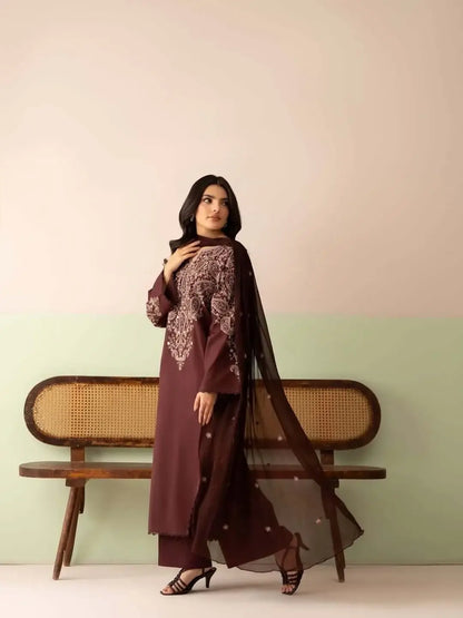 3 Piece Unstitched Embroidered Dhanak Suit with Embroidered Dhanak Shawl