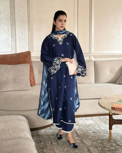 3 Piece Unstitched Heavy Embroidered Dhanak Suit with Printed Wool Shawl