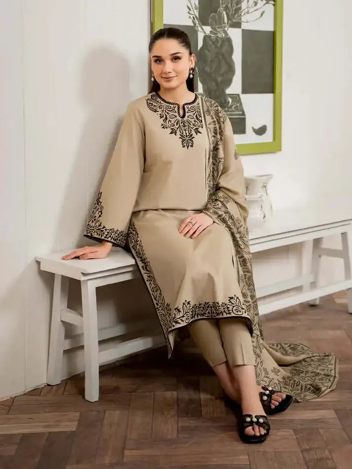 3 Piece Unstitched Embroidered Dhanak Suit with Printed Wool Shawl