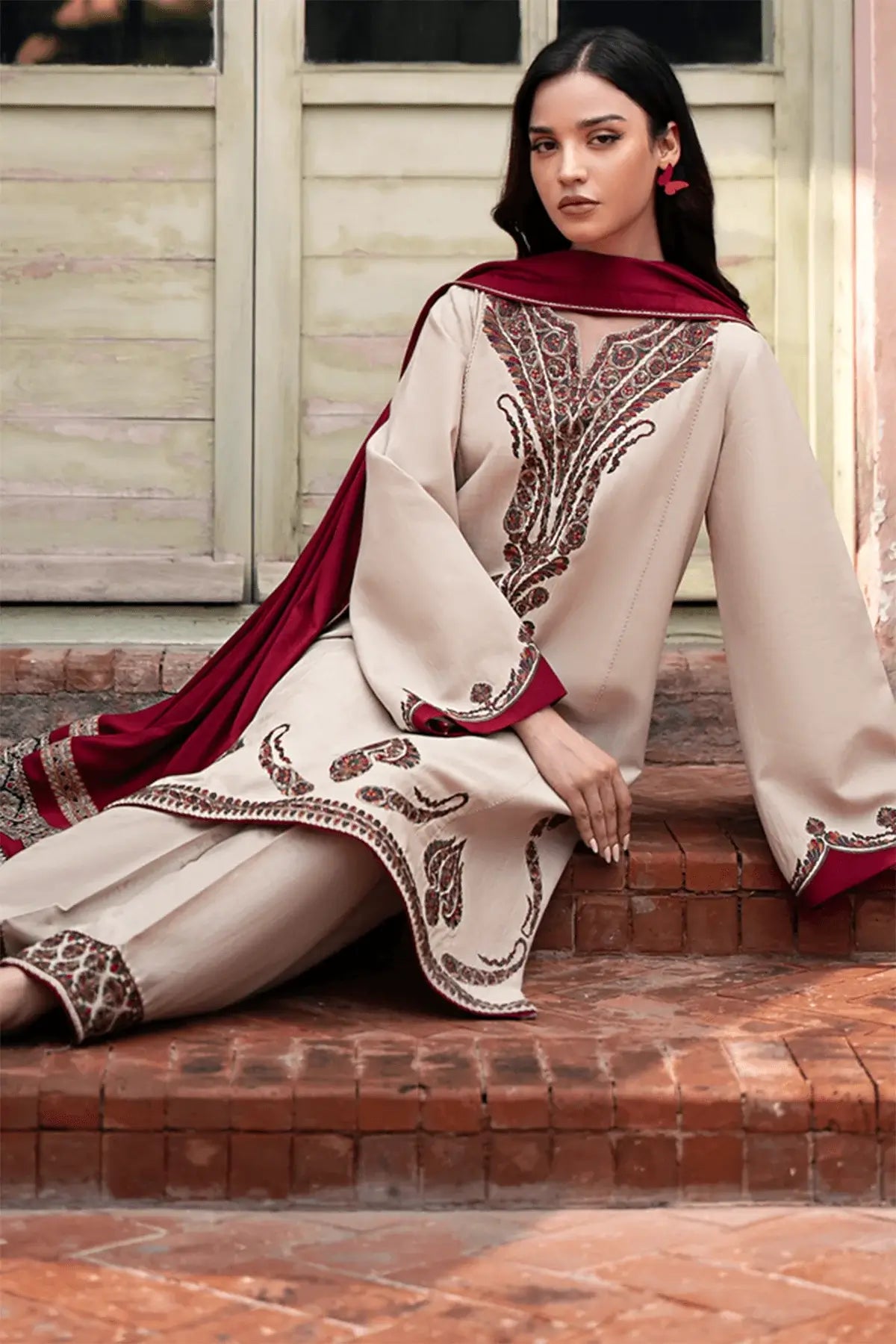 3 Piece Unstitched Heavy Embroidered Dhanak Suit with Printed Wool Shawl