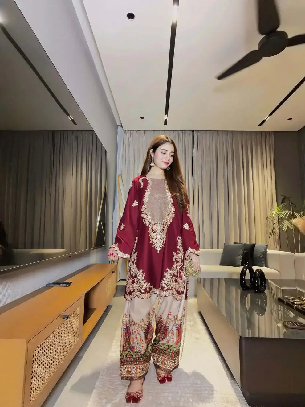 2 Piece Unstitched Heavy Sequenced Embroidered Silk Suit