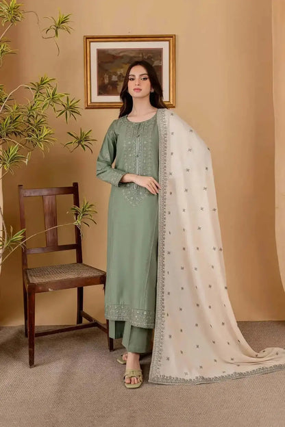 3 Piece Unstitched Embroidered Dhanak Suit with Embroidered Dhanak Shawl