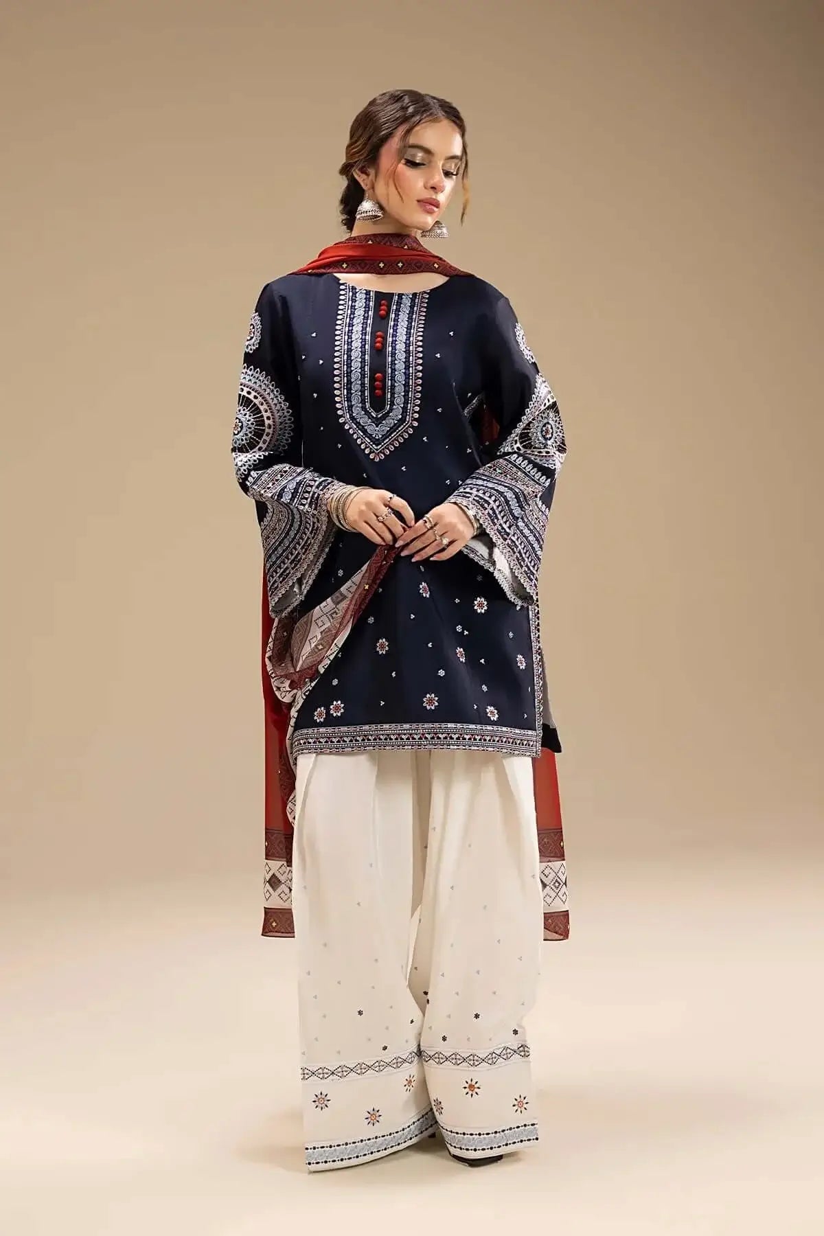 3 Piece Unstitched Heavy Embroidered Dhanak Suit with Printed Wool Shawl