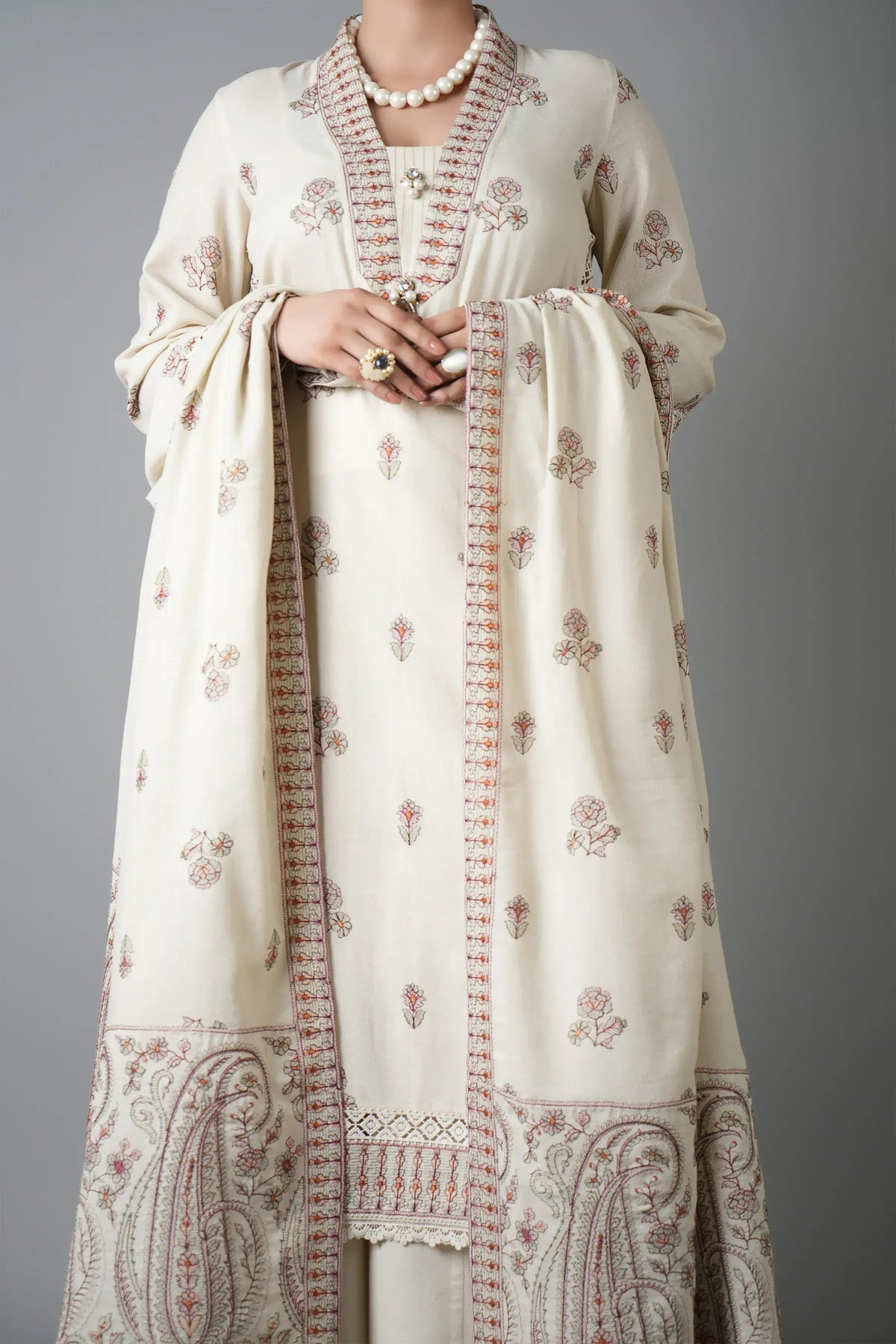 3 Piece Unstitched Heavy Embroidered Dhanak Suit with Embroidered Dhanak Shawl