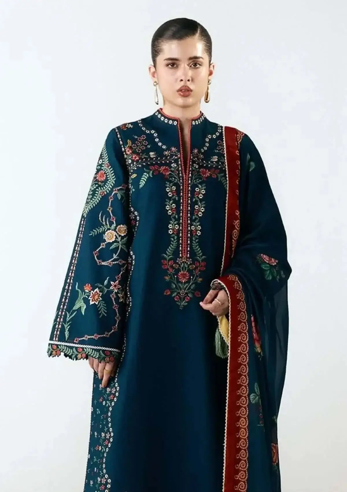 3 Piece Unstitched Heavy Embroidered Dhanak Suit with Printed Wool Shawl