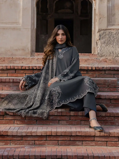 3 Piece Unstitched Embroidered Dhanak Suit with Printed Wool Shawl