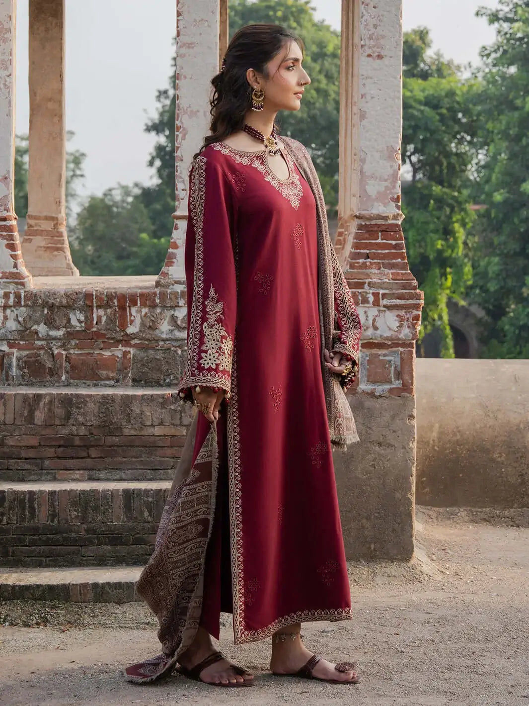 3 Piece Unstitched Embroidered Dhanak Suit with Printed Wool Shawl