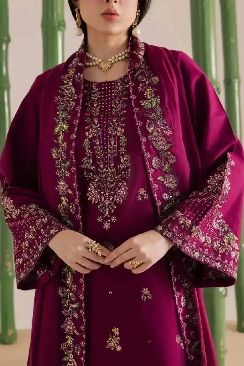 3 Piece Unstitched Heavy Embroidered Dhanak Suit with Embroidered Dhanak Shawl