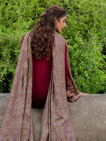 3 Piece Unstitched Embroidered Dhanak Suit with Printed Wool Shawl