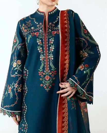 3 Piece Unstitched Heavy Embroidered Dhanak Suit with Printed Wool Shawl