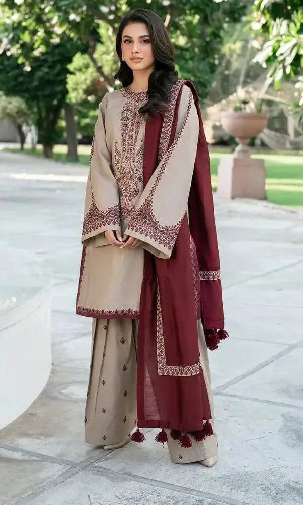 3 Piece Unstitched Embroidered Dhanak Suit with Printed Wool Shawl