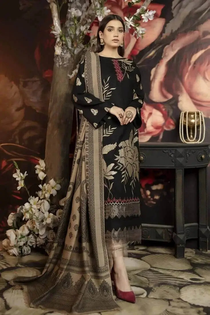 3 Piece Unstitched Heavy Embroidered Dhanak Suit with Printed Wool Shawl