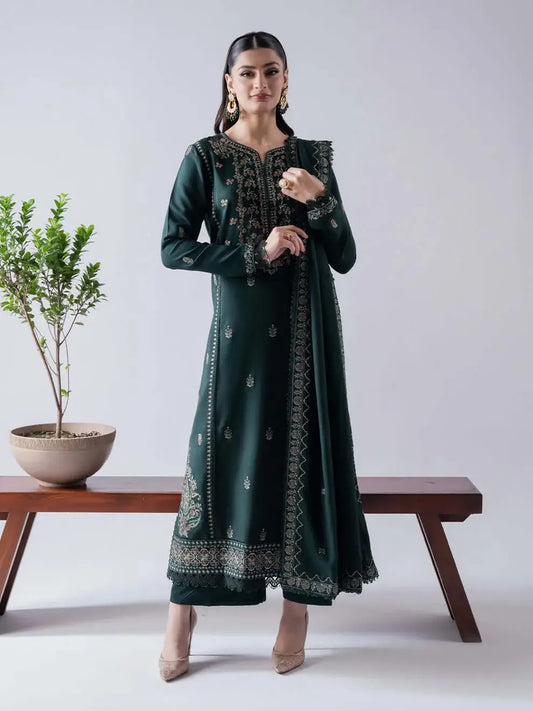 3 Piece Unstitched Heavy Embroidered Dhanak Suit with Embroidered Dhanak Shawl