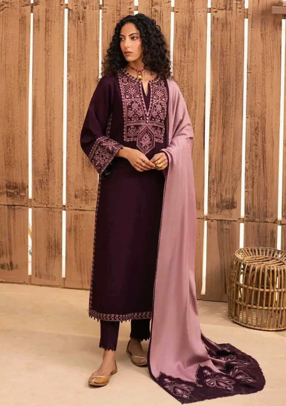 3 Piece Unstitched Embroidered Dhanak Suit with Embroidered Dhanak Shawl