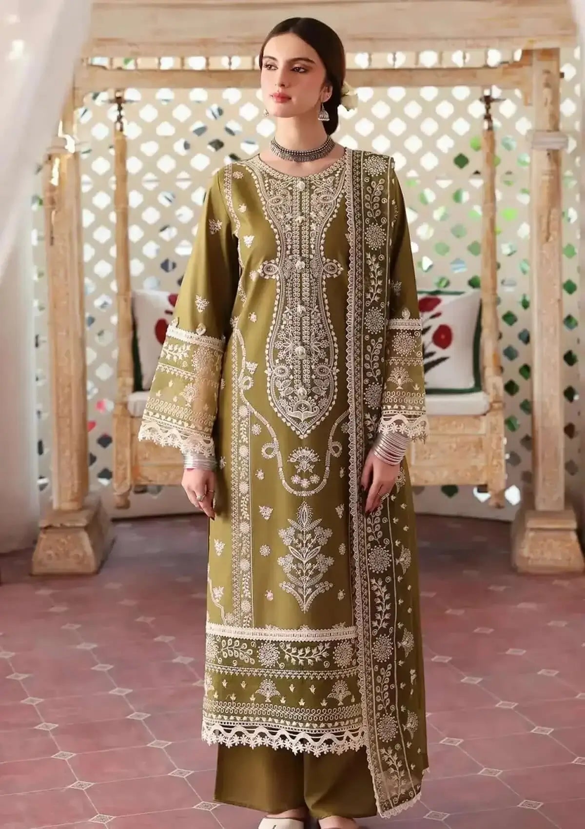 3 Piece Unstitched Heavy Embroidered Dhanak Suit with Embroidered Dhanak Shawl