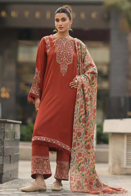 3 Piece Unstitched Embroidered Dhanak Suit with Printed Wool Shawl