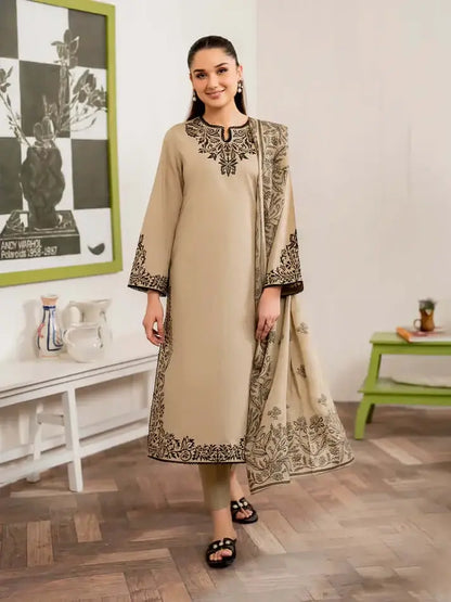 3 Piece Unstitched Embroidered Dhanak Suit with Printed Wool Shawl