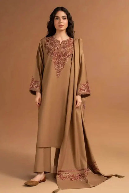 3 Piece Unstitched Embroidered Dhanak Suit with Embroidered Dhanak Shawl