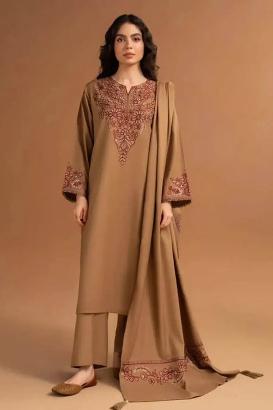 3 Piece Unstitched Embroidered Dhanak Suit with Embroidered Dhanak Shawl