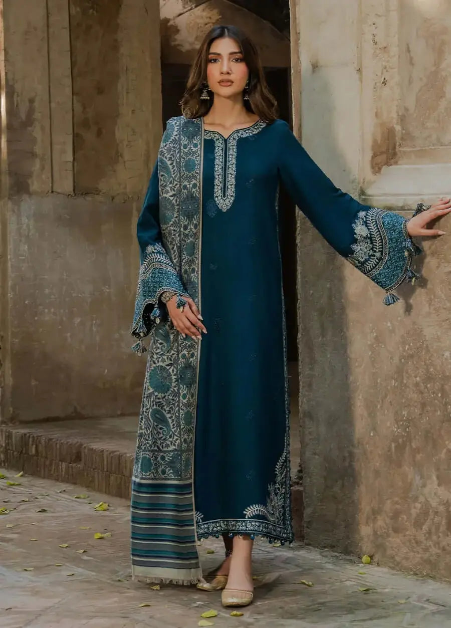 3 Piece Unstitched Embroidered Dhanak Suit with Printed Wool Shawl