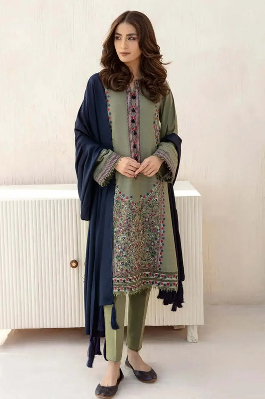 3 Piece Unstitched Heavy Embroidered Dhanak Suit with Plain Dhanak Shawl