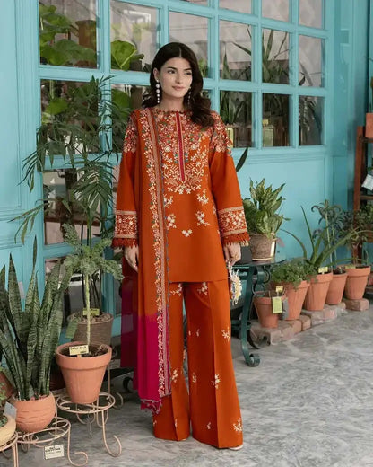 3 Piece Unstitched Heavy Embroidered Dhanak Suit with Printed Wool Shawl