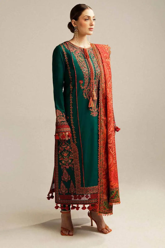 3 Piece Unstitched Heavy Embroidered Dhanak Suit with Printed Wool Shawl