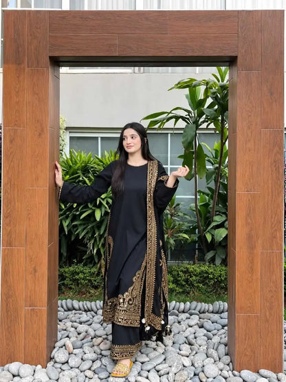 3 Piece Unstitched Heavy Sequenced Embroidered Dhanak Suit with Sequenced Embroidered Dhanak Shawl