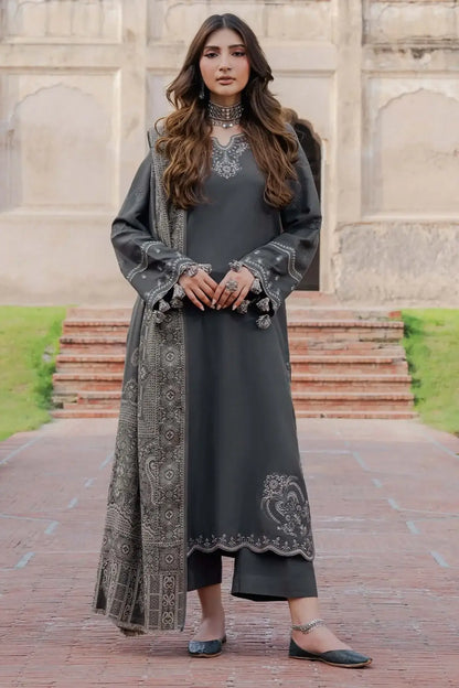 3 Piece Unstitched Embroidered Dhanak Suit with Printed Wool Shawl
