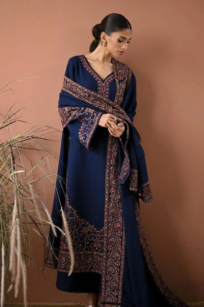 3 Piece Unstitched Heavy Embroidered Dhanak Suit with Embroidered Dhanak Shawl