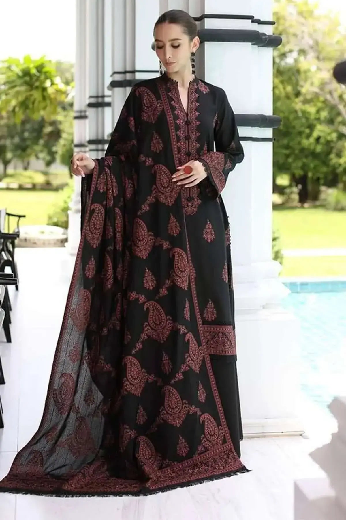 3 Piece Unstitched Heavy Embroidered Dhanak Suit with Embroidered Dhanak Shawl