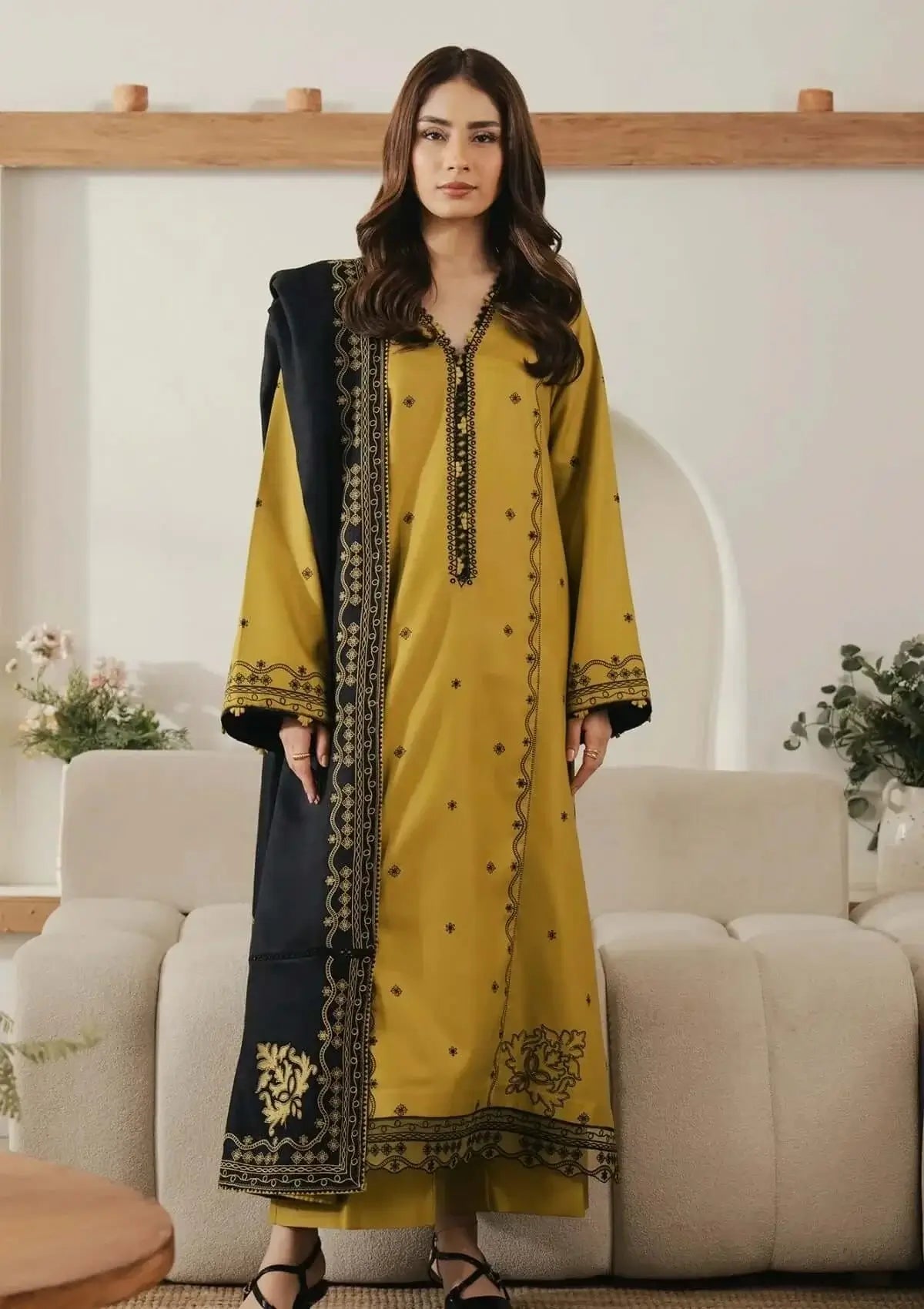 3 Piece Unstitched Heavy Embroidered Dhanak Suit with Embroidered Dhanak Shawl