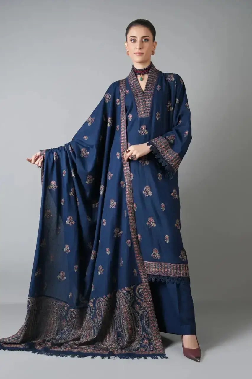 3 Piece Unstitched Heavy Embroidered Dhanak Suit with Embroidered Dhanak Shawl