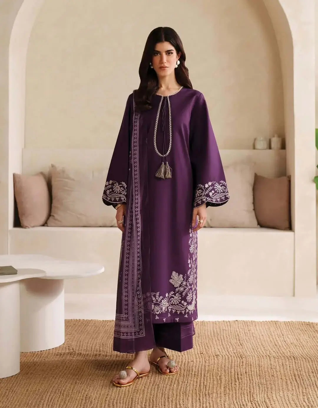 3 Piece Unstitched Embroidered Dhanak Suit with Printed Wool Shawl