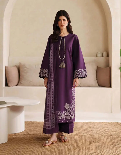 3 Piece Unstitched Embroidered Dhanak Suit with Printed Wool Shawl